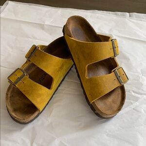 Birkenstock Yellow suede big buckle sandals